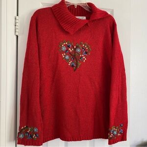 Coldwater Creek Red Floral Heart Sweater